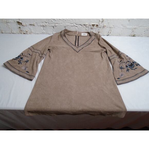 P. Cill Emb. Boho V-Neck Bell Sleeve Mauve Velour Tunic Zip size Large Brown - Picture 1 of 12